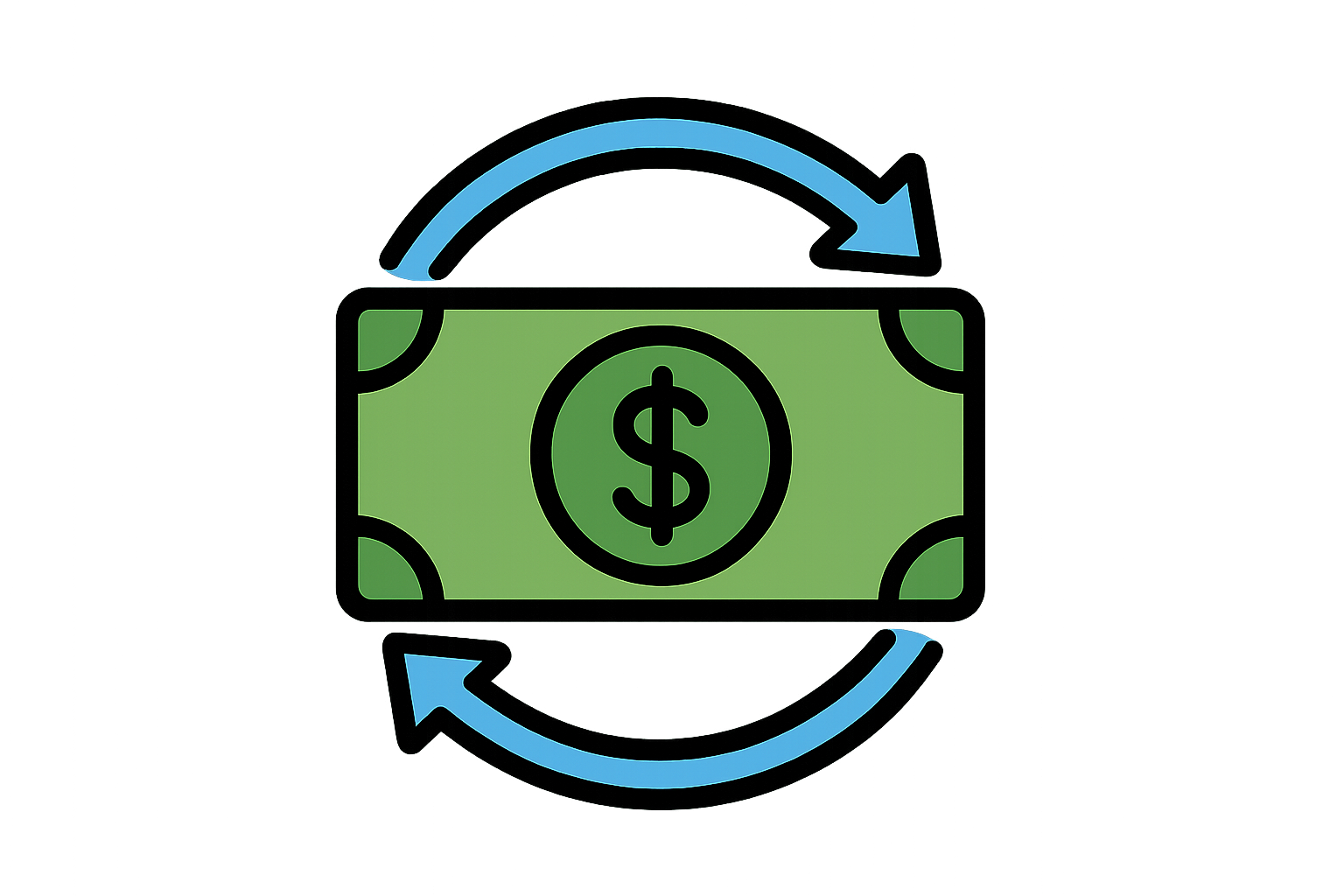 A flat-style vector icon of a green dollar bill with a dollar sign in the center, surrounded by two circular blue arrows forming a cycle. The design should be minimal, modern, and clean with bold outlines. White background. Export as PNG with transparent background.
