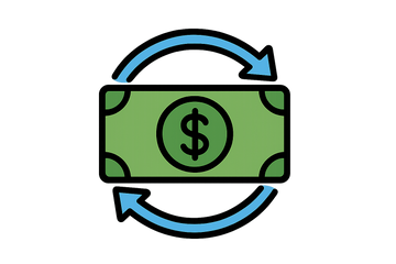 A flat-style vector icon of a green dollar bill with a dollar sign in the center, surrounded by two circular blue arrows forming a cycle. The design should be minimal, modern, and clean with bold outlines. White background. Export as PNG with transparent background.
